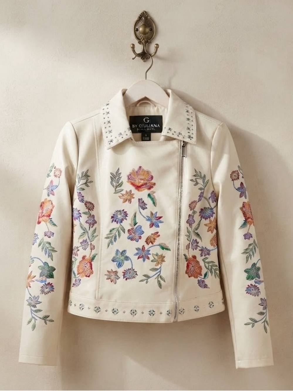 G by Giuliana Cream Leather Jacket with Multicolor Floral Embroidery